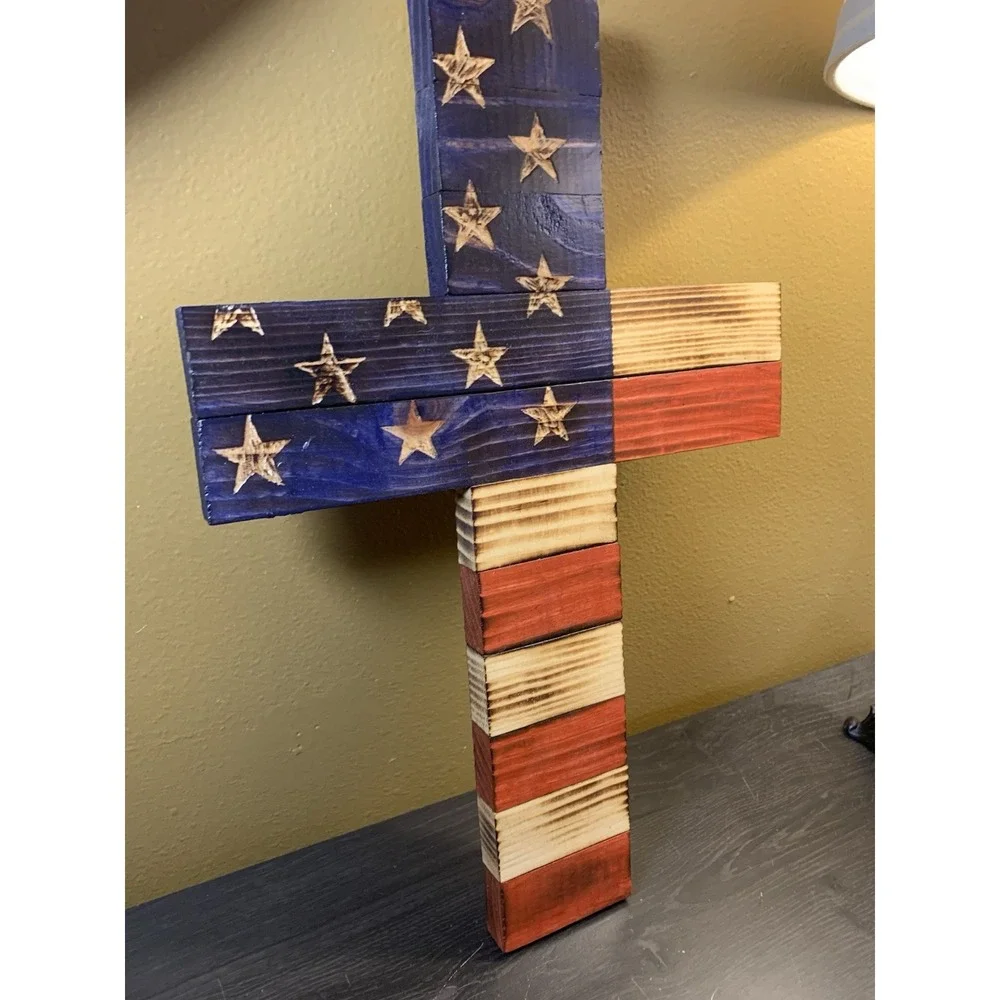 Rustic Handcrafted Wooden Cross USA American Flag Patriotic Wall Decor